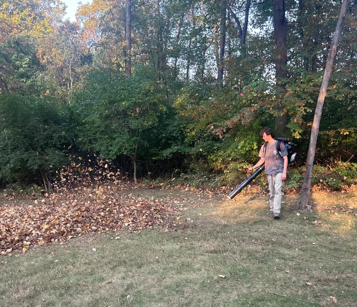 Man operating leaf blower near trees